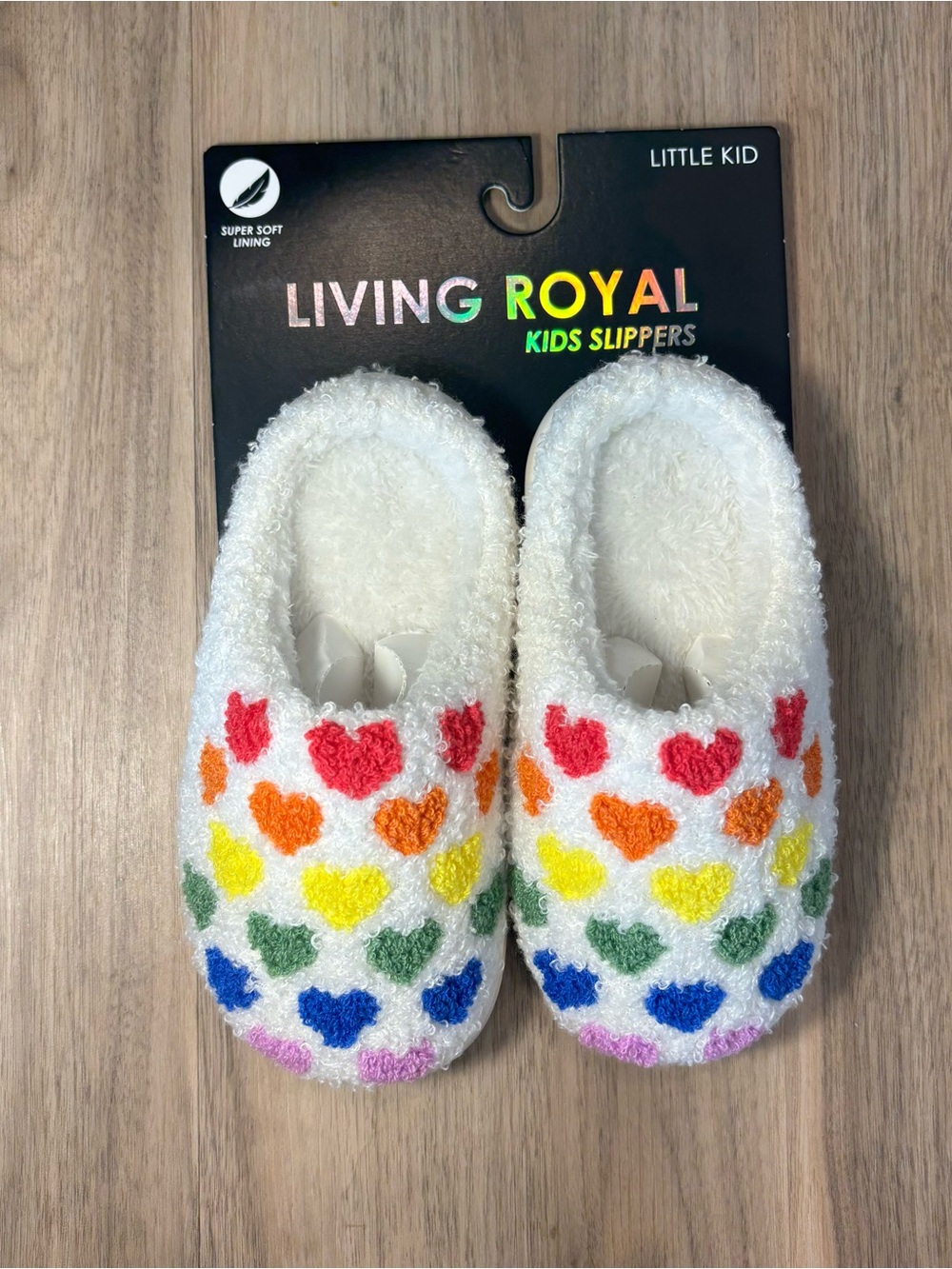 Living Royal Little Kid White Fuzzy Slippers with Rainbow Hearts